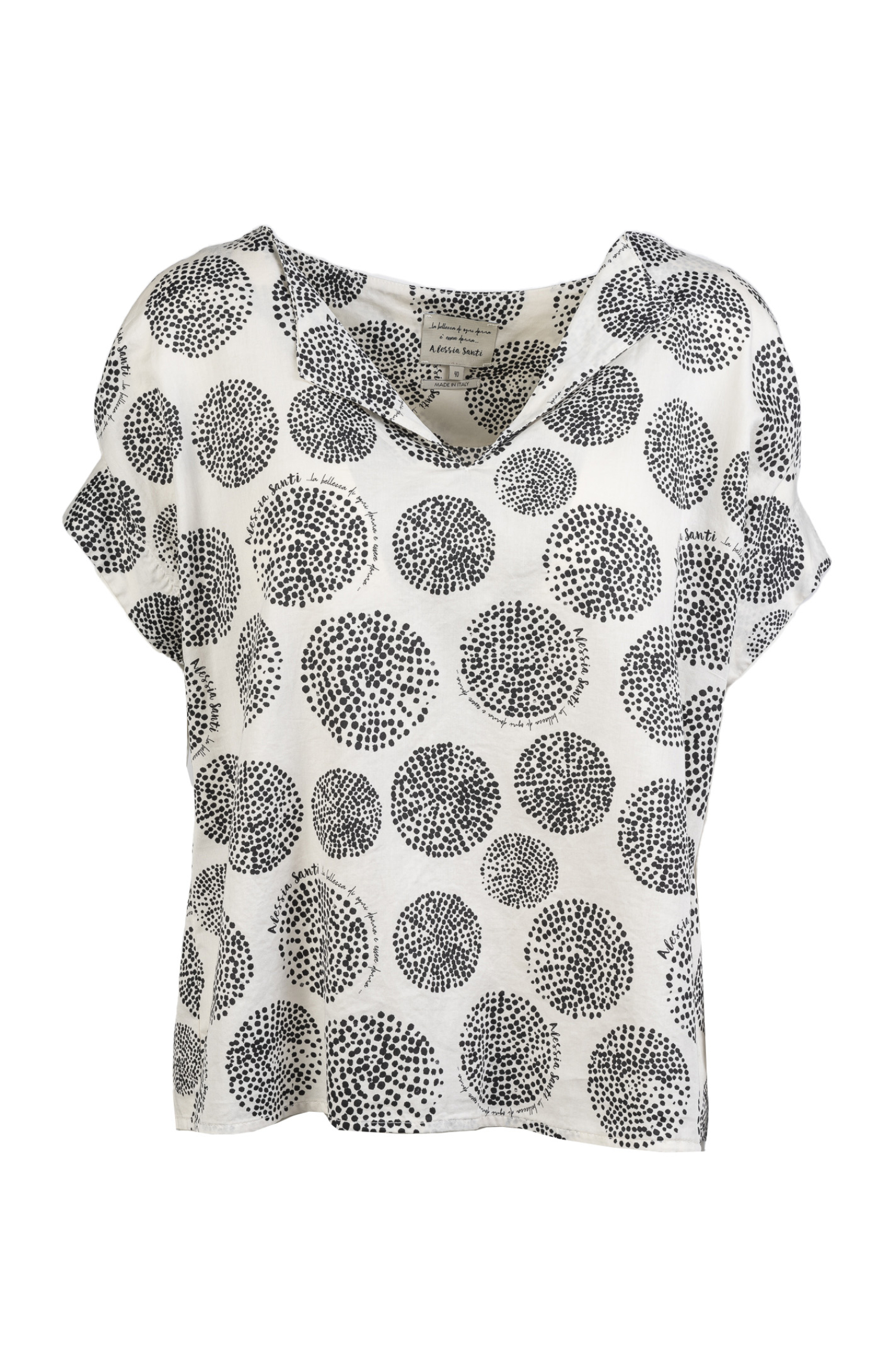 Blusa Alessia Santi in Cotone Bianca con Fantasia Nera e Scollo a