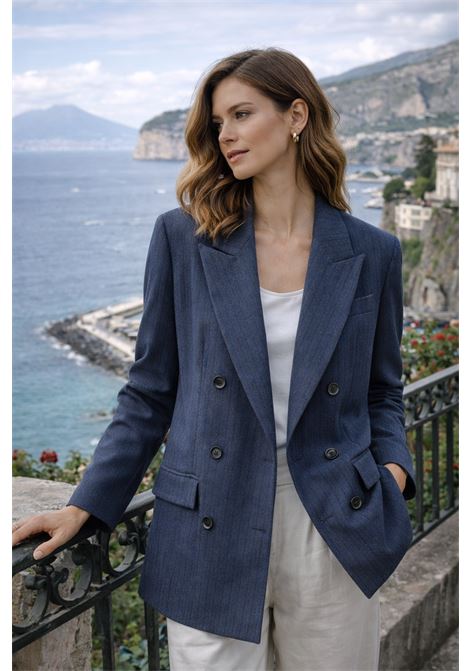 Giacca Doppiopetto Jucca in Tessuto Gessato Blu Navy JUCCA | GIACCHE | J4253035/08G582