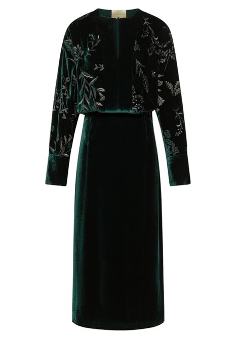 Vestito Bodiam in Velluto Ricamato  Verde Bottiglia, Abito Lungo Elegante in Viscosa e Seta Momonì MOMONI | Vestiti | MODR0500775