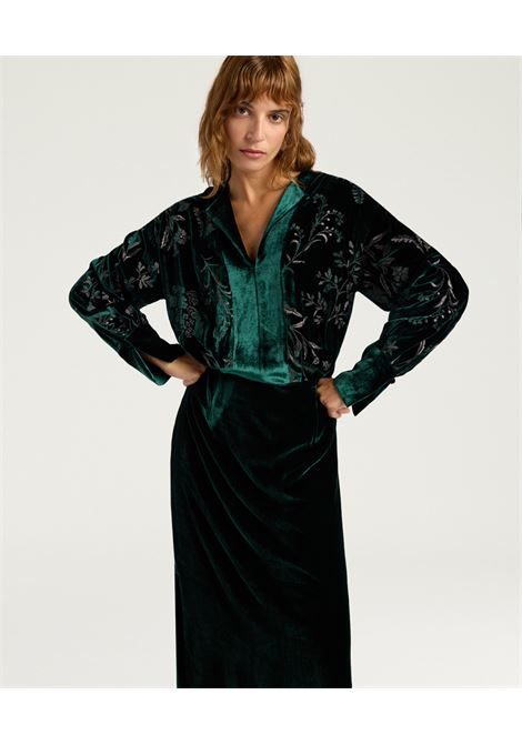 Vestito Bodiam in Velluto Ricamato  Verde Bottiglia, Abito Lungo Elegante in Viscosa e Seta Momonì MOMONI | Vestiti | MODR0500775