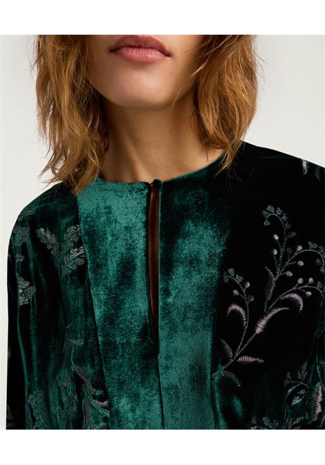 Vestito Bodiam in Velluto Ricamato  Verde Bottiglia, Abito Lungo Elegante in Viscosa e Seta Momonì MOMONI | Vestiti | MODR0500775