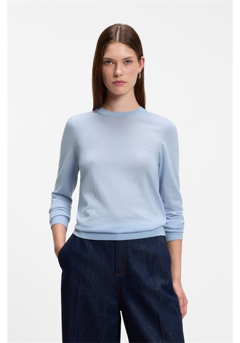 BOSS Ferpina Slim-Fit Crew-Neck Sweater in Light Blue Merino Wool Women's BOSS |  | 5054498752700527