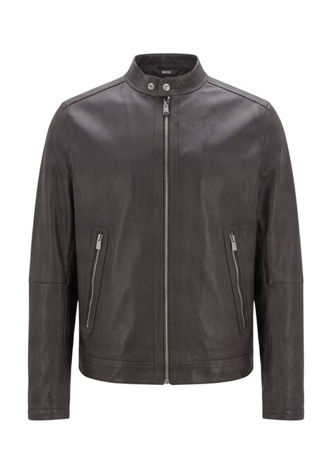 BOSS Giacca Biker Corta in Pelle con Zip Metalliche Marrone Scuro Uomo BOSS | PELLE | 5056458624400244
