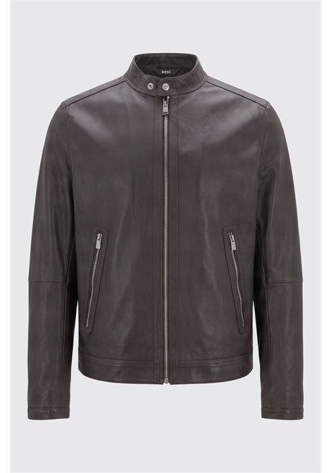 BOSS Giacca Biker Corta in Pelle con Zip Metalliche Marrone Scuro Uomo BOSS | PELLE | 5056458624400244