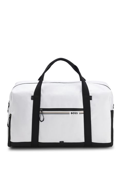 BOSS Borsone Stenson T_BigHoldall in Tessuto Strutturato con Logo e Righe Tipiche del Marchio Bianco Uomo BOSS | ACCESSORI GRANDI | 5056772710000100