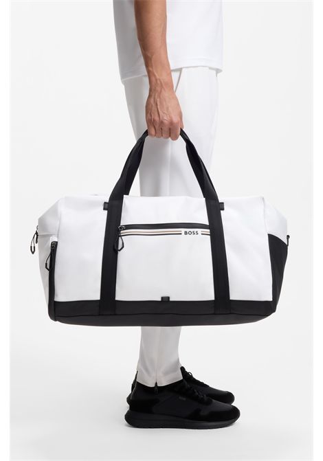 BOSS Borsone Stenson T_BigHoldall in Tessuto Strutturato con Logo e Righe Tipiche del Marchio Bianco Uomo BOSS | ACCESSORI GRANDI | 5056772710000100