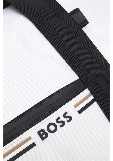 BOSS Borsone Stenson T_BigHoldall in Tessuto Strutturato con Logo e Righe Tipiche del Marchio Bianco Uomo BOSS | ACCESSORI GRANDI | 5056772710000100