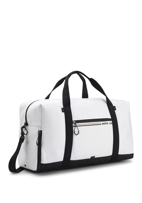 BOSS Borsone Stenson T_BigHoldall in Tessuto Strutturato con Logo e Righe Tipiche del Marchio Bianco Uomo BOSS | ACCESSORI GRANDI | 5056772710000100