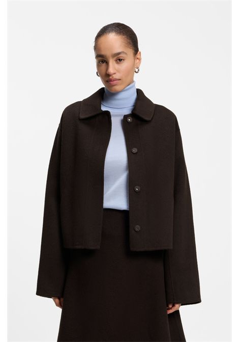 BOSS Cafeta_DF Short Coat in Dark Brown Melange Wool Blend with Notch Collar Women's BOSS |  | 5056891621000210