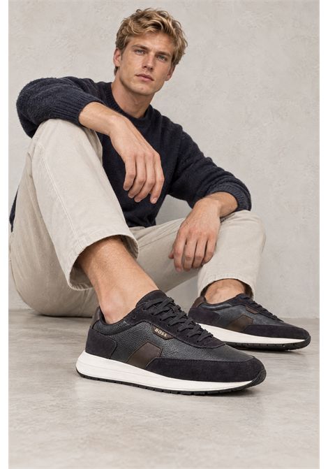 BOSS Sneaker Vinston_Runn_sdtbbu in Suede e Pelle Martellata Blu Scuro Uomo BOSS | SNEAKER | 5056895140200402
