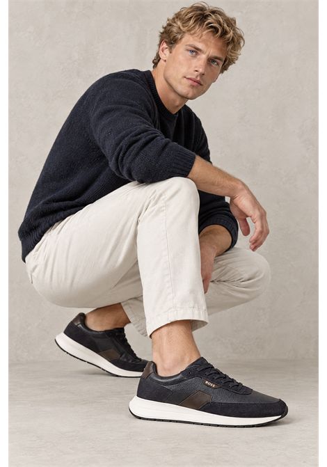 BOSS Sneaker Vinston_Runn_sdtbbu in Suede e Pelle Martellata Blu Scuro Uomo BOSS | SNEAKER | 5056895140200402