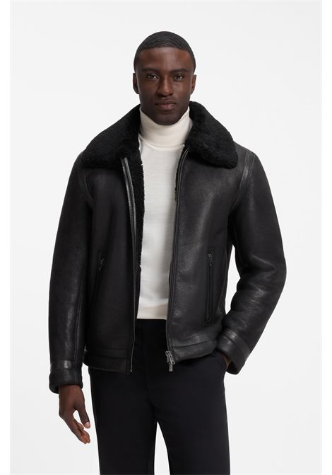 BOSS Giubbotto H-Morbin in Pelle Martellata con Colletto in Shearling Nero Uomo BOSS | PELLE | 5057055600100001
