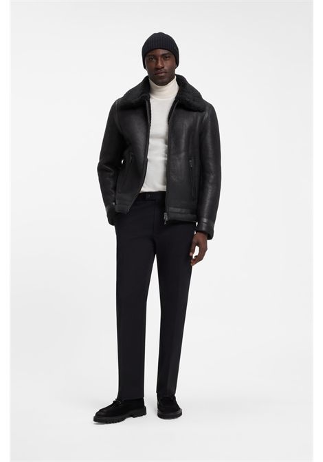 BOSS Giubbotto H-Morbin in Pelle Martellata con Colletto in Shearling Nero Uomo BOSS | PELLE | 5057055600100001