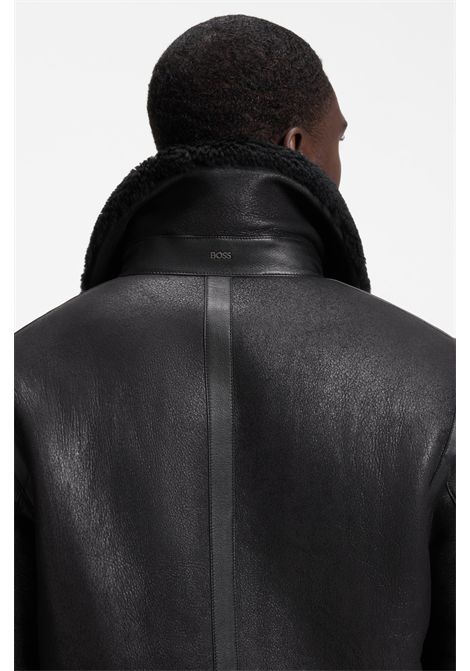 BOSS Giubbotto H-Morbin in Pelle Martellata con Colletto in Shearling Nero Uomo BOSS | PELLE | 5057055600100001