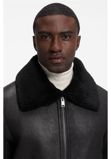 BOSS Giubbotto H-Morbin in Pelle Martellata con Colletto in Shearling Nero Uomo BOSS | PELLE | 5057055600100001