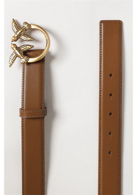 Pinko Leather Belt with Metal Love Birds Logo Buckle in Tan Women's PINKO |  | 100125-A0F1M37Q