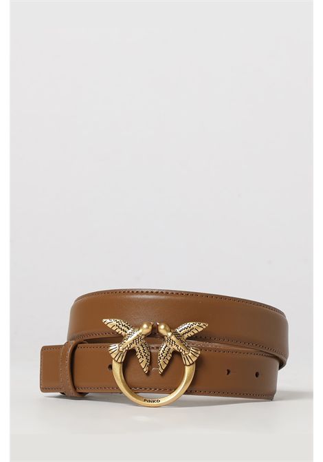 Pinko Leather Belt with Metal Love Birds Logo Buckle in Tan Women's PINKO |  | 100125-A0F1M37Q
