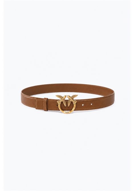 Pinko Leather Belt with Metal Love Birds Logo Buckle in Tan Women's PINKO |  | 100125-A0F1M37Q