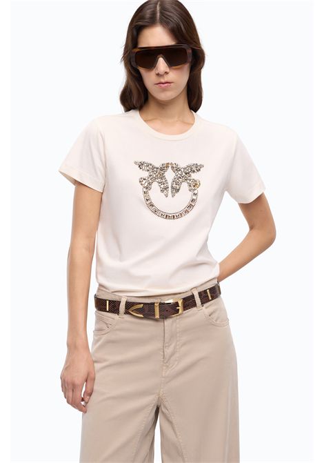 Pinko Love Birds Jewel Logo T-Shirt in Beige Cotton Jersey Women's PINKO |  | 100535-A3JPC21