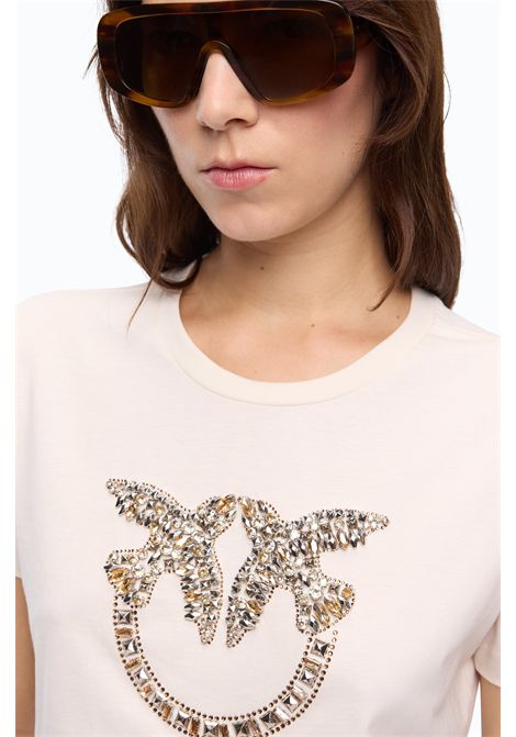 Pinko Love Birds Jewel Logo T-Shirt in Beige Cotton Jersey Women's PINKO |  | 100535-A3JPC21