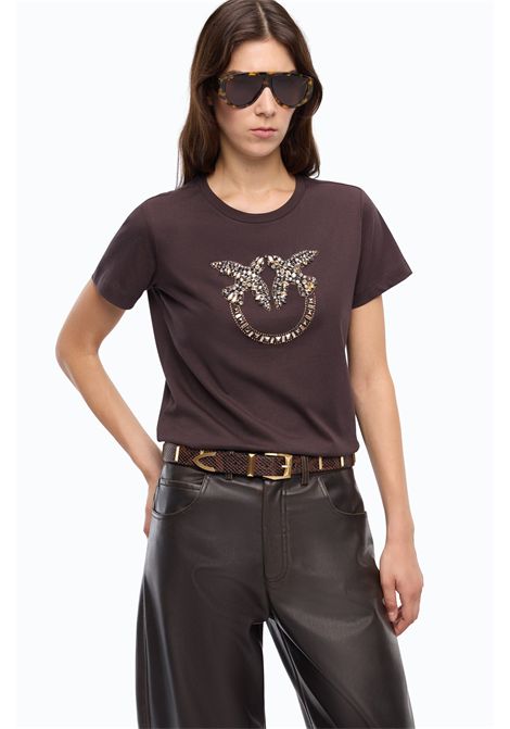 Pinko Love Birds Jewel Logo T-Shirt in Brown Cotton Jersey Women's PINKO |  | 100535-A3JPL72