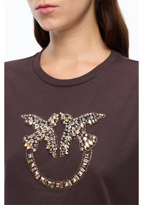 Pinko Love Birds Jewel Logo T-Shirt in Brown Cotton Jersey Women's PINKO |  | 100535-A3JPL72