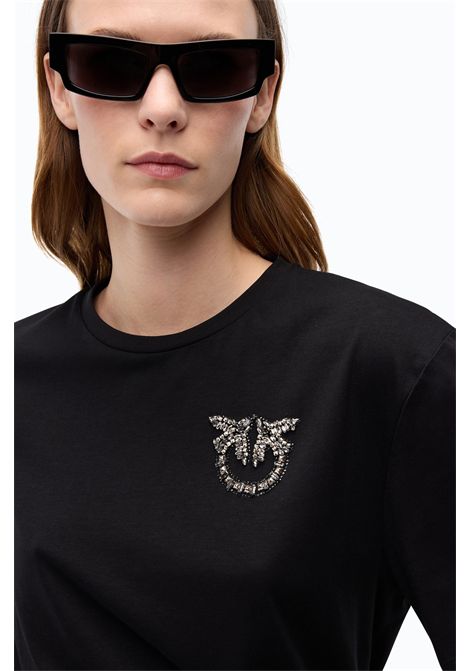 Pinko Strepitoso T-Shirt with Love Birds Jewel Appliqué in Black Cotton Jersey Women's PINKO |  | 105526-A3JPZ99