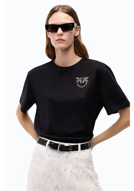 Pinko Strepitoso T-Shirt with Love Birds Jewel Appliqué in Black Cotton Jersey Women's PINKO |  | 105526-A3JPZ99