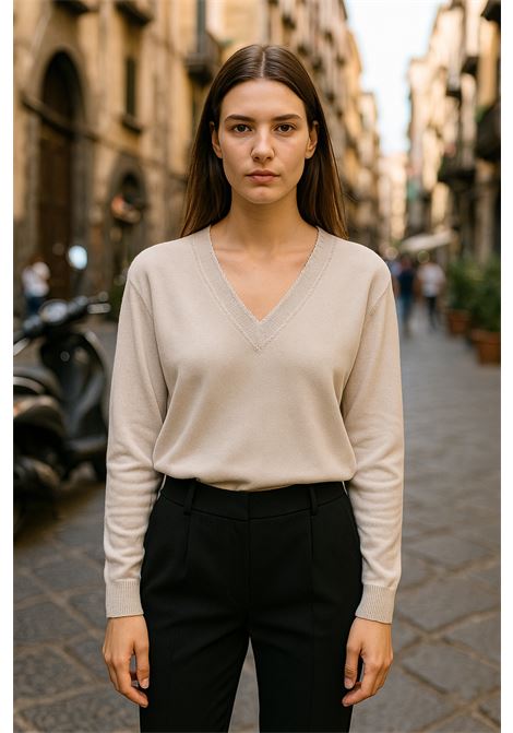 Maglia Donna Beige Chiaro in Cotone con Scollo a V - Grifoni GRIFONI | Maglieria | 210000SR/1181327
