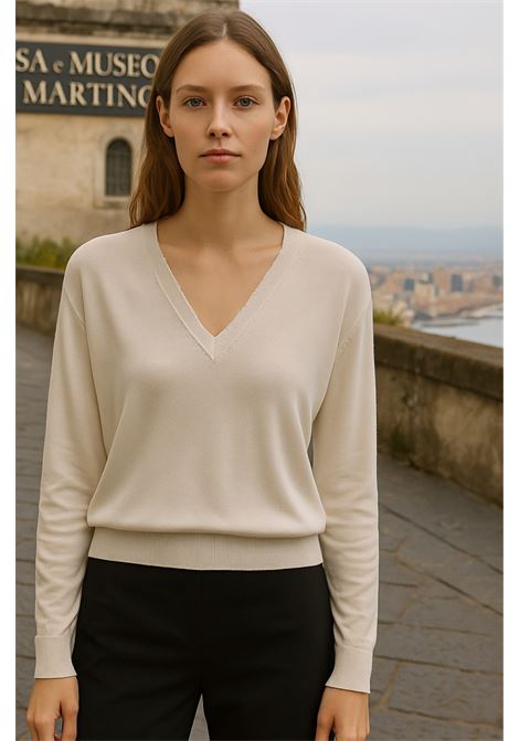 Maglia Donna Beige Chiaro in Cotone con Scollo a V - Grifoni GRIFONI | Maglieria | 210000SR/1181327