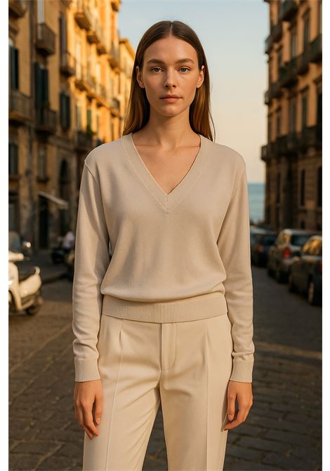 Maglia Donna Beige Chiaro in Cotone con Scollo a V - Grifoni GRIFONI | Maglieria | 210000SR/1181327