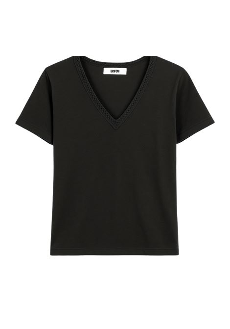 Women's black T-shirt by Grifoni, made of lightweight cotton, with V-neck embellished with tone-on-tone embroidery. Perfect for refined yet essential looks. GRIFONI |  | 280053R/54003