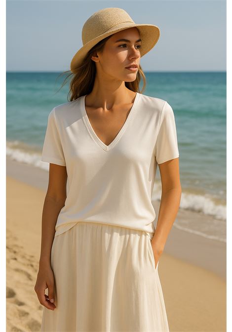 T-shirt Scollo V in Raso Color Panna  JUCCA JUCCA | T-shirt | J4152012/L/03045