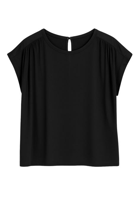 Black jersey blouse with slightly extended shoulders, gathering at the seams and flowing cut, by JUCCA. JUCCA |  | J4152170/01003