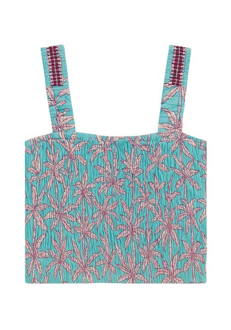 Turquoise fabric stretch smock top with pink leaf print, embroidered wide straps and fitted line, perfect for cool and feminine summer looks. Nekane |  | ATIDTURQUOISE