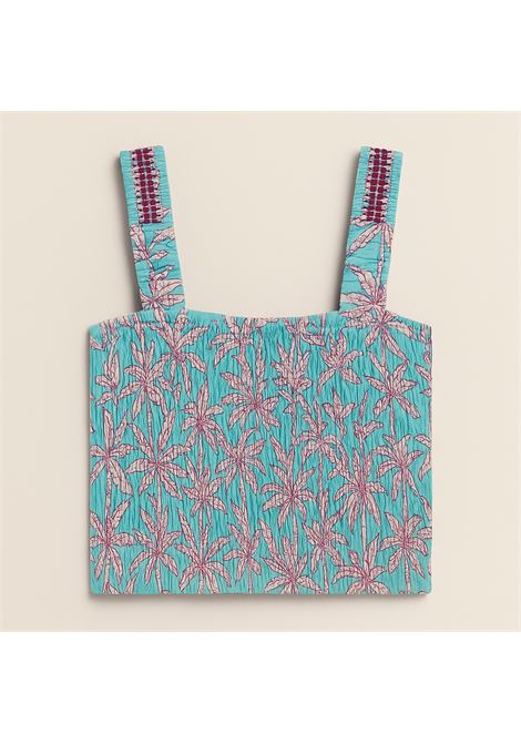 Turquoise fabric stretch smock top with pink leaf print, embroidered wide straps and fitted line, perfect for cool and feminine summer looks. Nekane |  | ATIDTURQUOISE