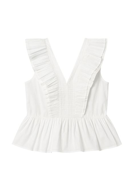 Top bianco con balze e dettagli plissettati Nekane | Top & T-shirt | DAISYWHITE
