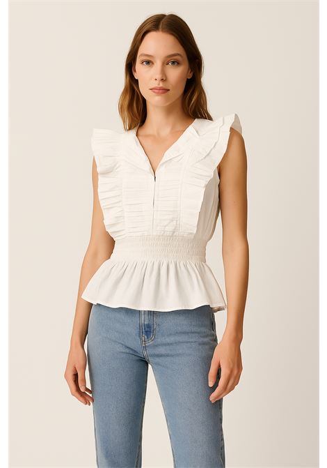 Top bianco con balze e dettagli plissettati Nekane | Top & T-shirt | DAISYWHITE
