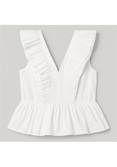 Top bianco con balze e dettagli plissettati Nekane | Top & T-shirt | DAISYWHITE