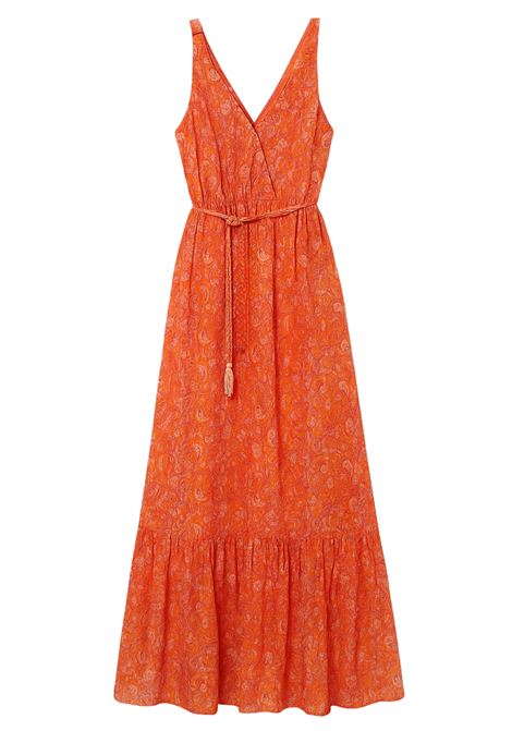 Nekane long dress made of lightweight fabric with orange and pink paisley print, V-neck, elasticized waist, matching belt and beaded embroidered details. Nekane |  | KRAISEORANGE