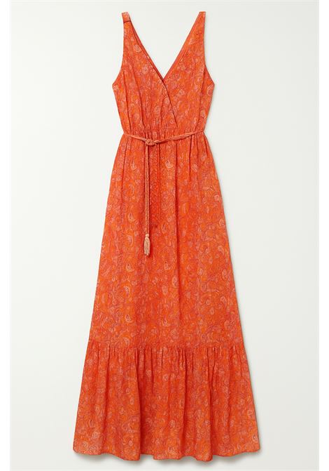 Nekane long dress made of lightweight fabric with orange and pink paisley print, V-neck, elasticized waist, matching belt and beaded embroidered details. Nekane |  | KRAISEORANGE