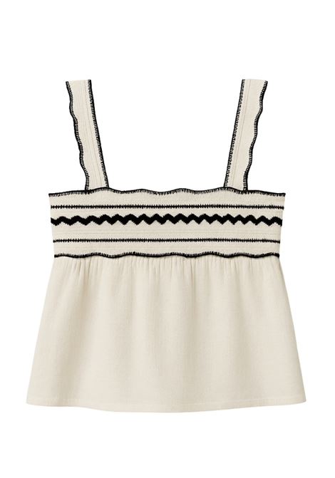Ivory smock top in lightweight fabric with wide straps and contrasting black wavy edges. Perfect for cool, feminine summer looks. Nekane |  | MANDISAIVORY