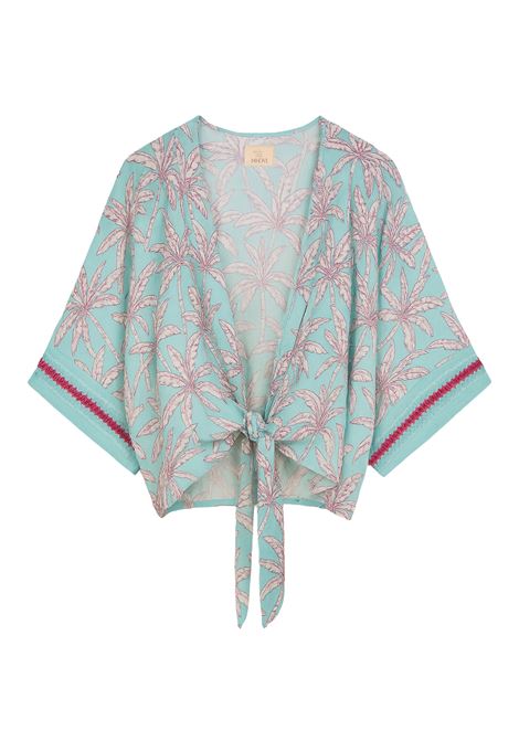 Kimono corto turchese con stampa tropicale e nodo frontale  Nekane Nekane | Kimono | ROURATURQUOISE