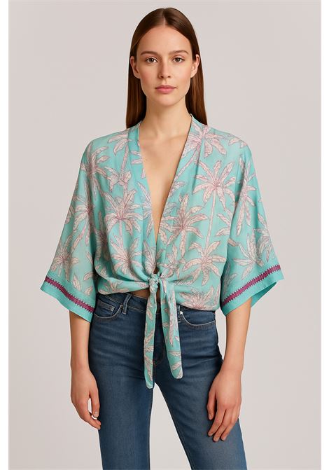 Kimono corto turchese con stampa tropicale e nodo frontale  Nekane Nekane | Kimono | ROURATURQUOISE