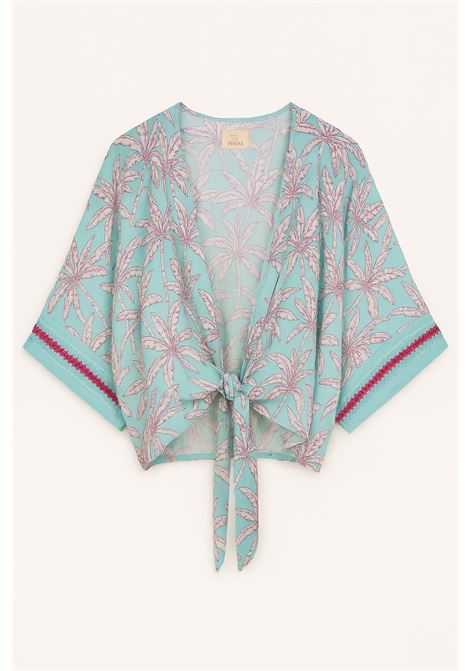 Kimono corto turchese con stampa tropicale e nodo frontale  Nekane Nekane | Kimono | ROURATURQUOISE