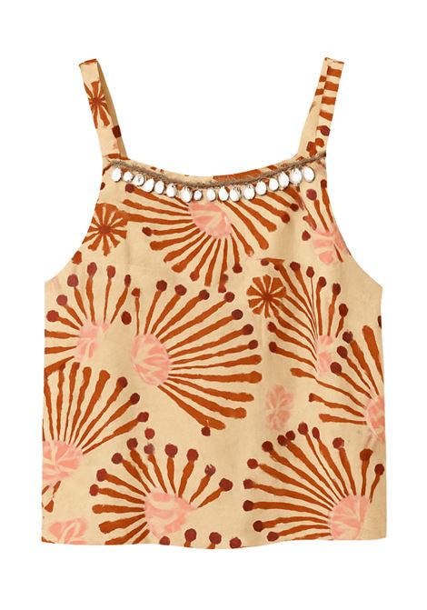 Lightweight beige top from Nekane with orange and pink ethnic print, thin straps, and shell and bead decoration on the neckline. Nekane |  | TAOBEIGE