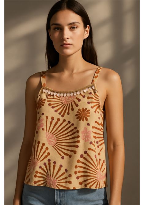 Lightweight beige top from Nekane with orange and pink ethnic print, thin straps, and shell and bead decoration on the neckline. Nekane |  | TAOBEIGE
