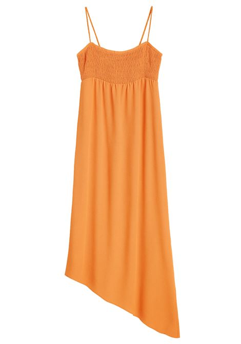 Nekane long dress in lightweight orange fabric, ruched stretch bodice, V-neck and thin braided straps, with fluid asymmetric hemline. Nekane |  | UKUMARIORANGE