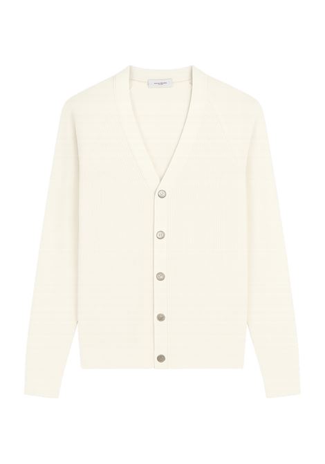 Cream-colored Paolo Pecora men's cardigan made of lightweight, breathable rib knit. Perfect for smart and casual looks, it enhances any outfit with refined style and comfort. PAOLO PECORA | Cardigan | A049 F4001102