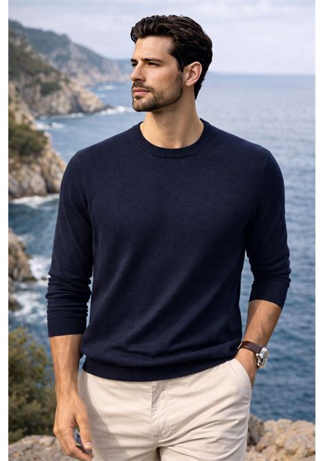 Barba Napoli maglia girocollo manica lunga blu in lana e seta BARBA | Maglieria | 900010598